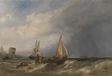 En hollandsk pram og handelsskibe på vej ud af Rotterdam
